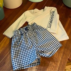 Rugged Butts Baby Boys Logo Rash Guard and Navy Gingham Swim Trunks 6-12 months